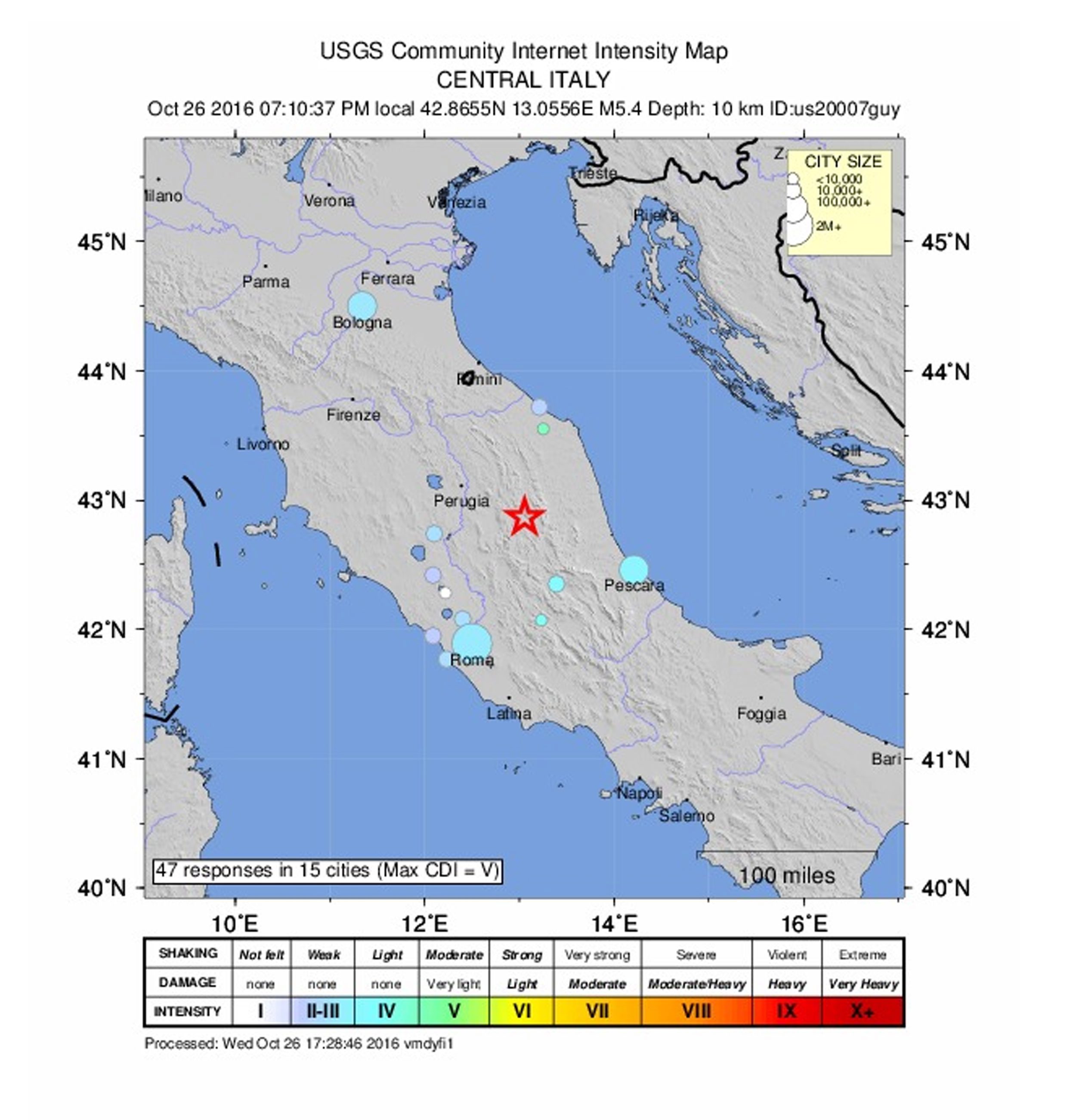 epa05604395 A handout shakemap released by the US Geological Survey (USGS) shows the location of a 5.6 magnitude earthquake striking in Perugia, Italy, 26 October 2016. EPA/USGS HANDOUT EDITORIAL USE ONLY HANDOUT EDITORIAL USE ONLY Dostawca: PAP/EPA.