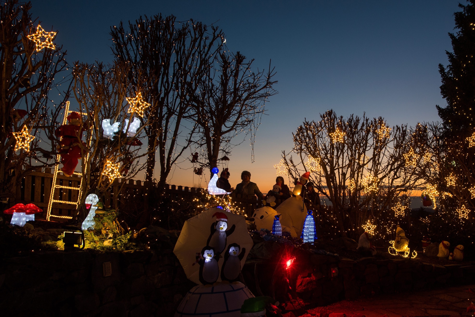 Ludzie oglądają świecącą dekorację świąteczną rodziny Gollnhuberów w Bad Tatzmannsdorf, Austria. Rodzina ta od sześciu lat przygotowuję instalację liczącą pół miliona światełek i ok. 70 świątecznych figur. Wystawa przyciąga tysiące turystów.