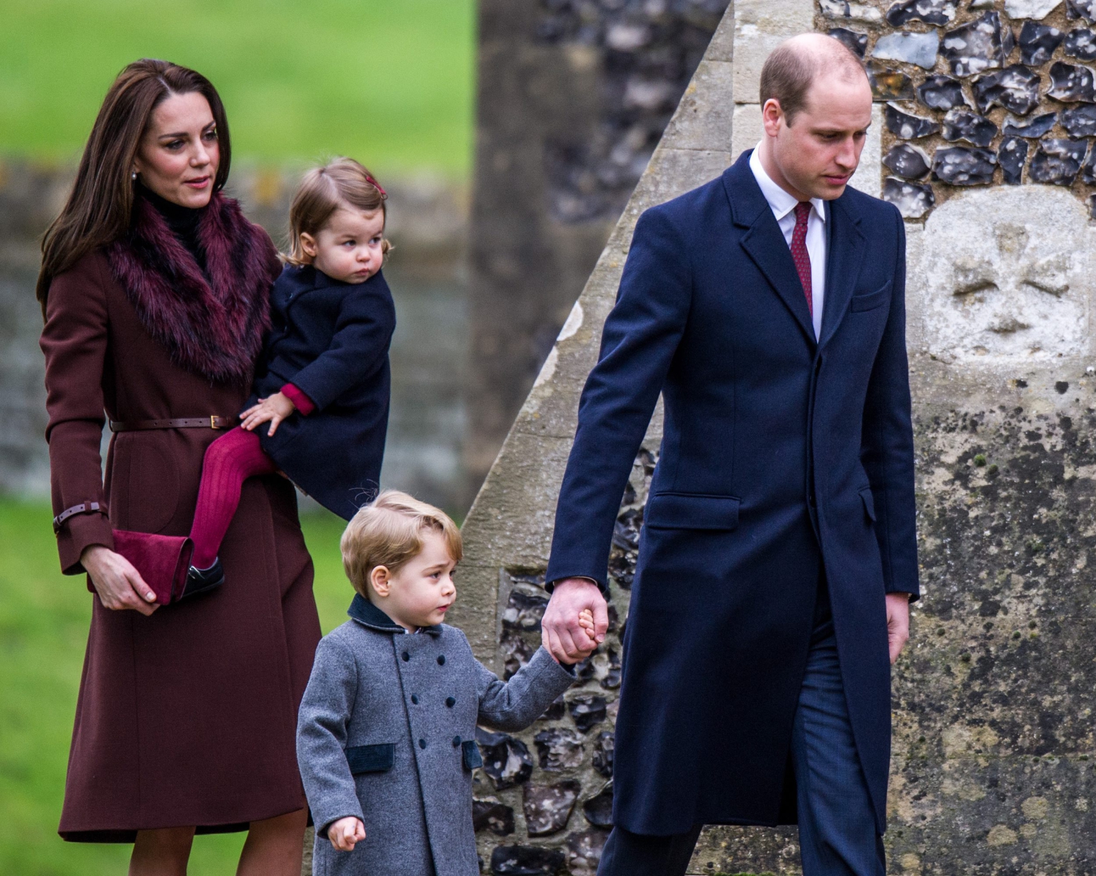 Książę William z rodziną: małżonką Katarzyną, synem Jerzym i córką Karoliną udają się na świąteczne nabożeństwo.