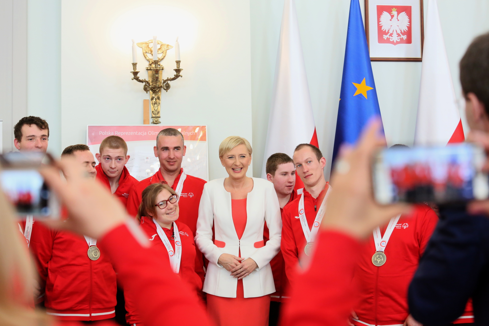 Pierwsza dama Agata Kornhauser-Duda podczas spotkania z członkami polskiej reprezentacji Światowych Zimowych Igrzysk Olimpiad Specjalnych Fot. PAP/Leszek Szymański