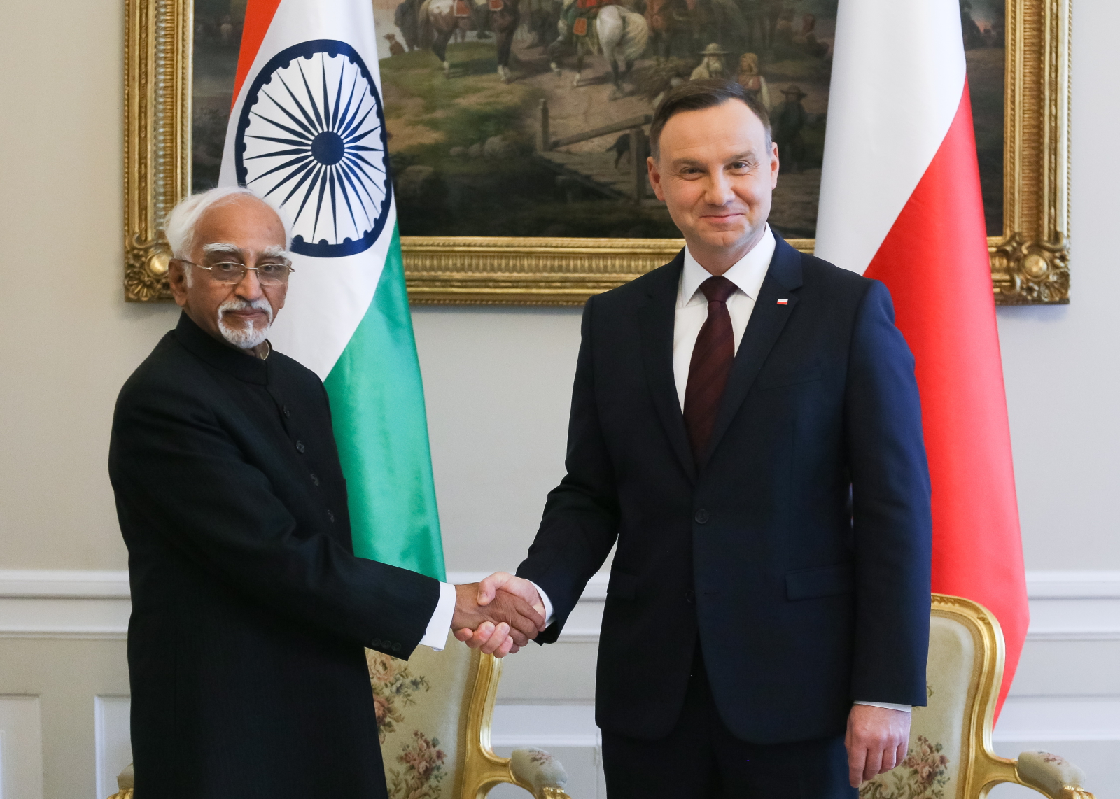 Prezydent Andrzej Duda i wiceprezydent Indii Mohammad Hamid Ansari podczas spotkania w Pałacu Prezydenckim. Fot. PAP/Paweł Supernak