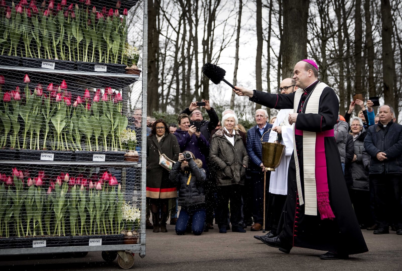 Hans van den Hende, biskup Rotterdamu, błogosławi rośliny, które mają zostać wykorzystane  podczas Mszy Wielkanocnej na Placu Świętego Piotra w Rzymie, fot. EPA/KOEN VAN WEEL 
