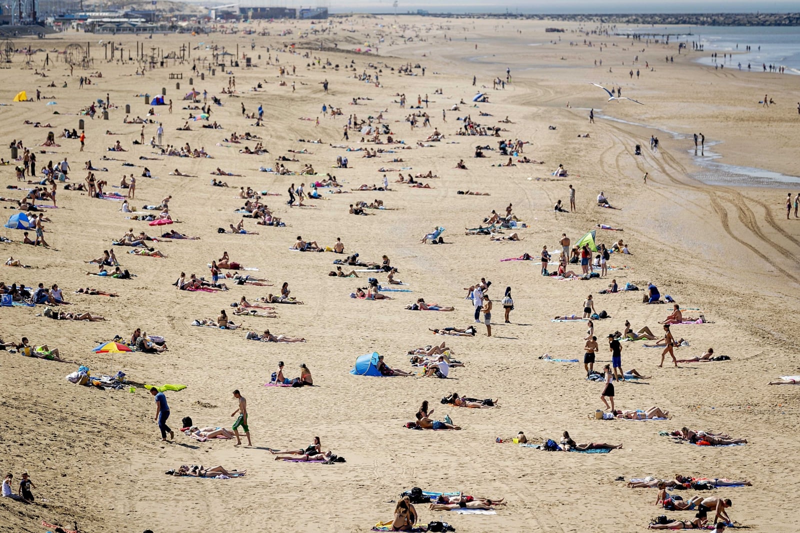Temperatura powyżej 28°C zachęca ludzi do wyjścia na plażę, Scheveningen, Holandia.