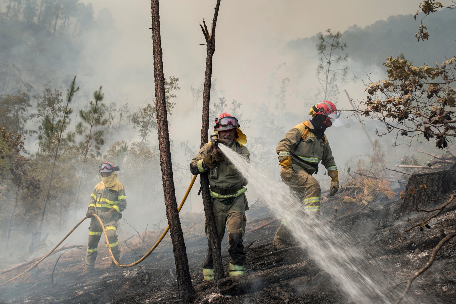 Strażak biorący udział w akcji gaszenia pożaru lasu w Ourense, w Galicji, północno-zachodnia Hiszpania.