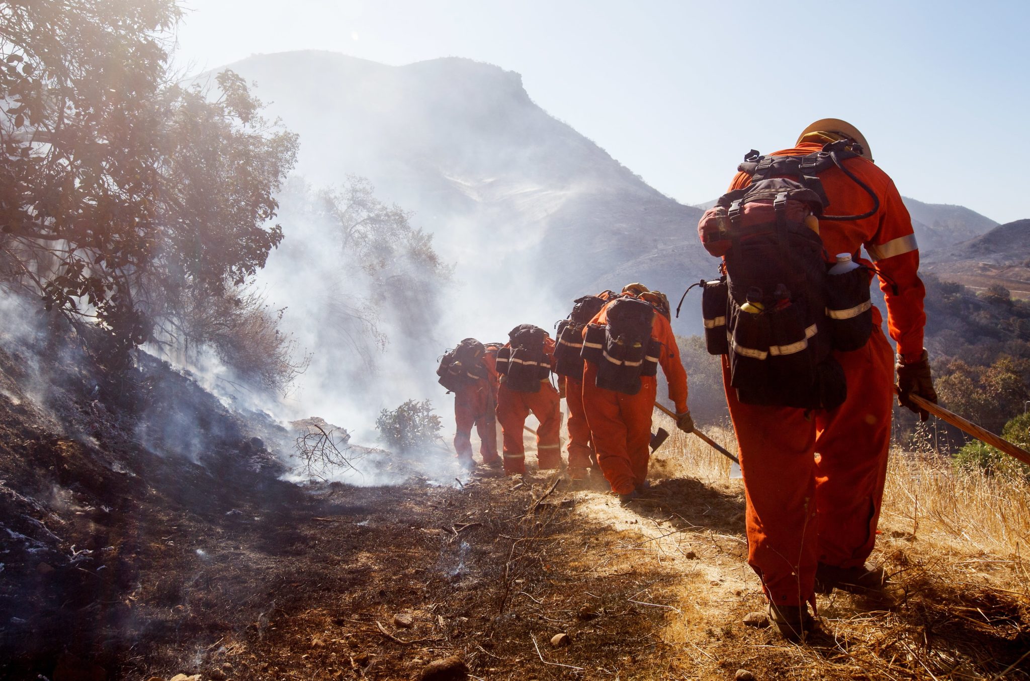 Strażacy pracują nad gaszeniem pożaru Woolsey na zboczu wzgórza w West Hills w Kalifornii, fot. EUGENE GARCIA, EPA.