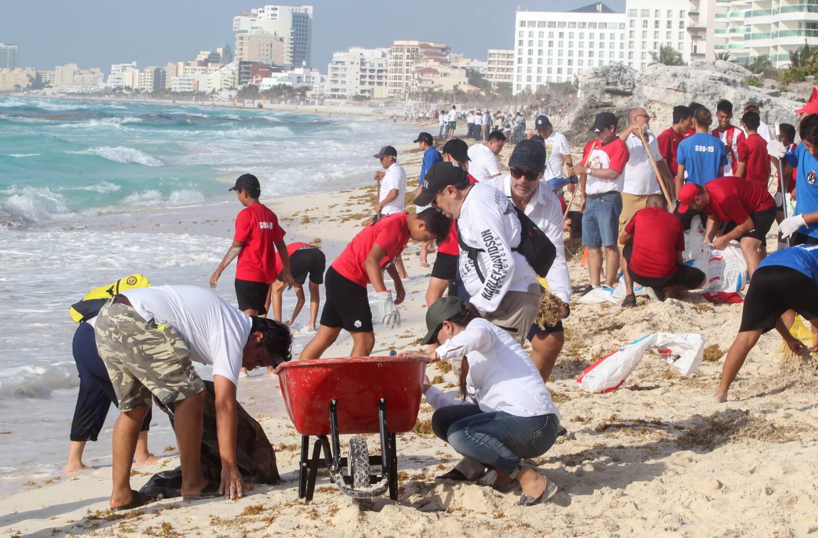 Wolontariusze z Meksyku czyszczący plażę fot. EPA/Alonso Cupul