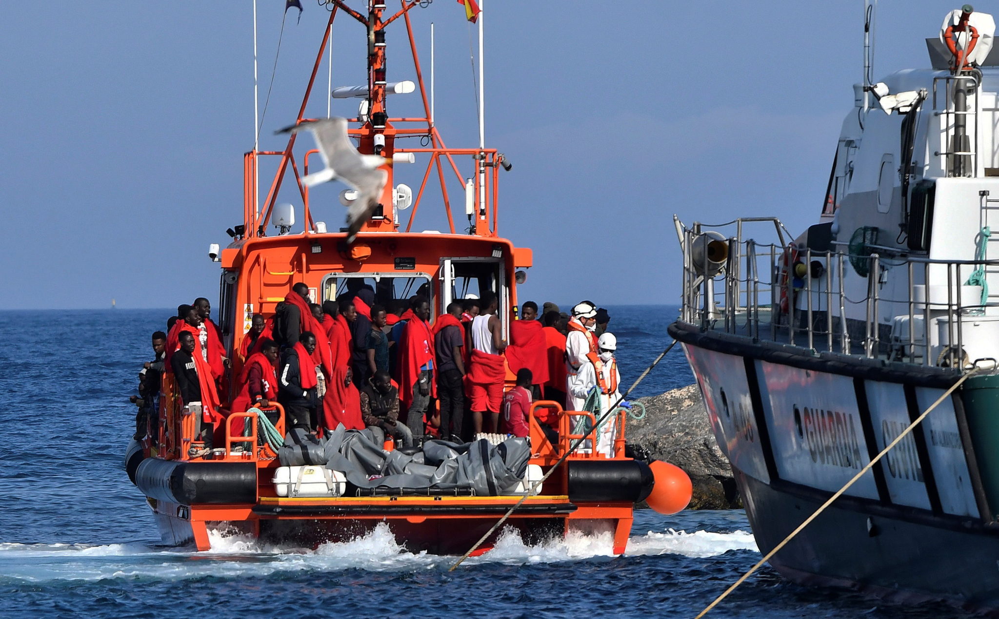 epa07667190 A hundred undocumented migrants arrive to the port on a Sea Rescue boat after they were rescued sailing on two small canoes on the Alboran Sea in Almeria, southeastern Spain, 22 June 2019.  EPA/CARLOS BARBA 
Dostawca: PAP/EPA.