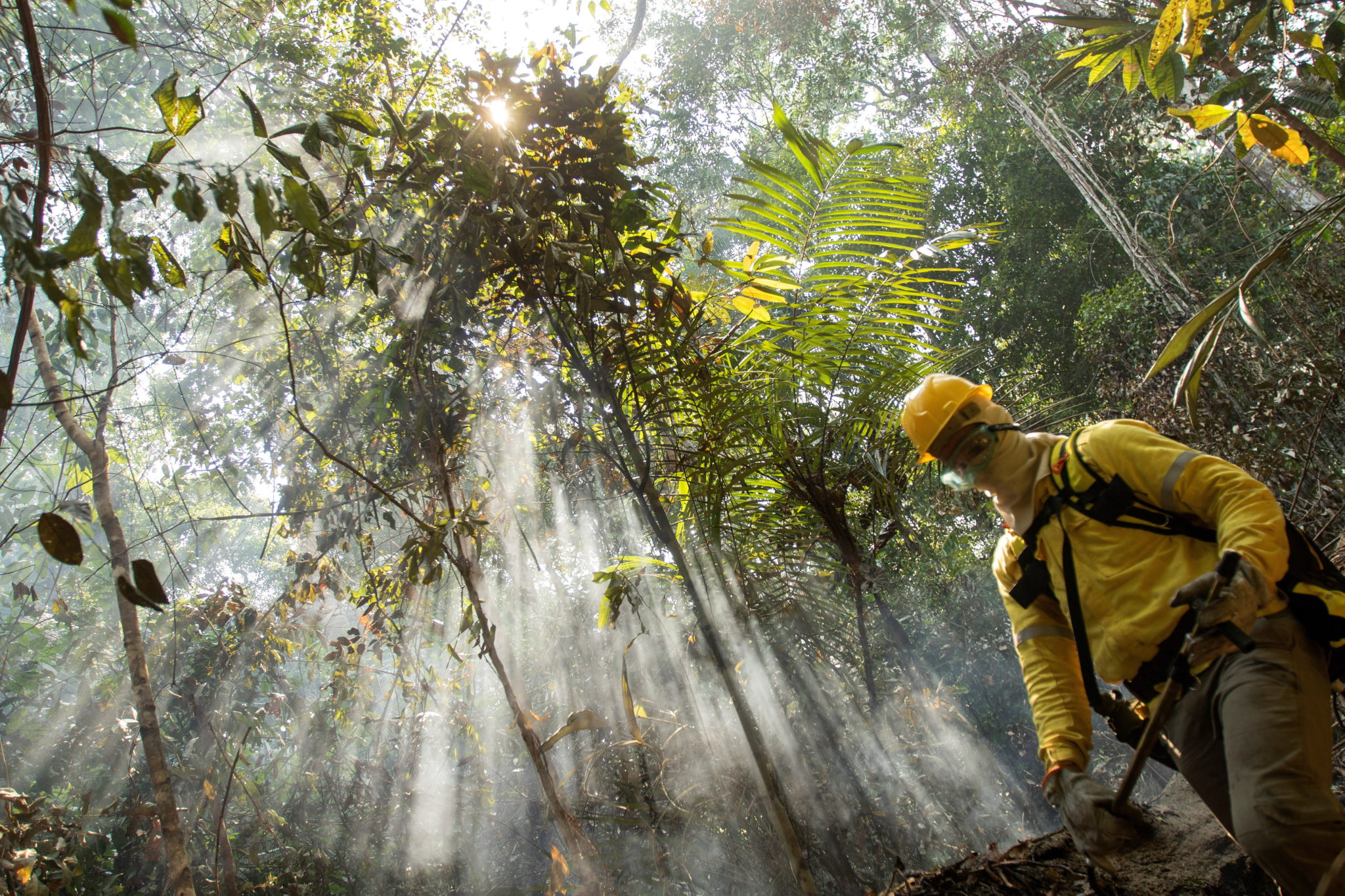 Brazylia: Strażak pracuje nad ugaszeniem pożaru lasu w pobliżu Porto Velho. Region Amazonii  cierpi z powodu najbardziej niszczących pożarów lasów ostatnich dziesięcioleci. Fot.  Joedson Alves/epa 