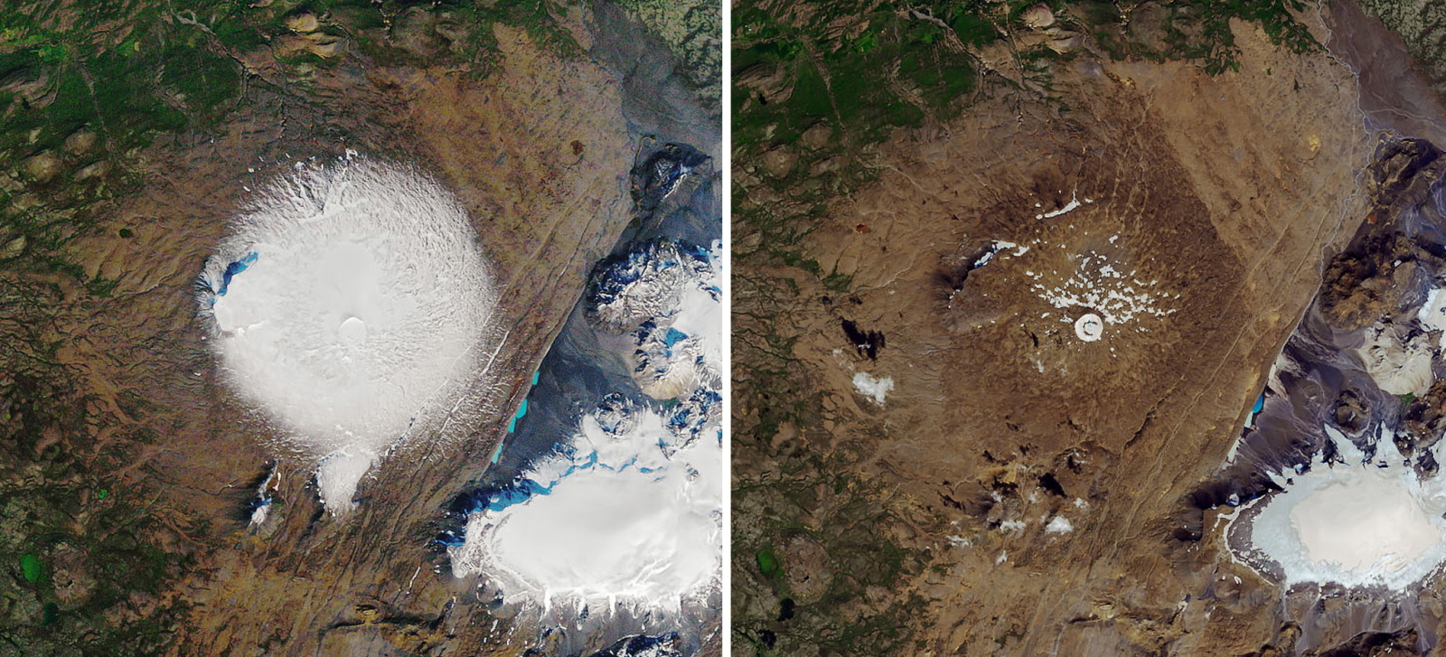 Zdjęcie lodowca Okjokull w Zachodniej Islandii zrobione przez NASA -po lewej w 1986 i po prawej 2019 EPA/NASA EARTH OBSERVATORY 