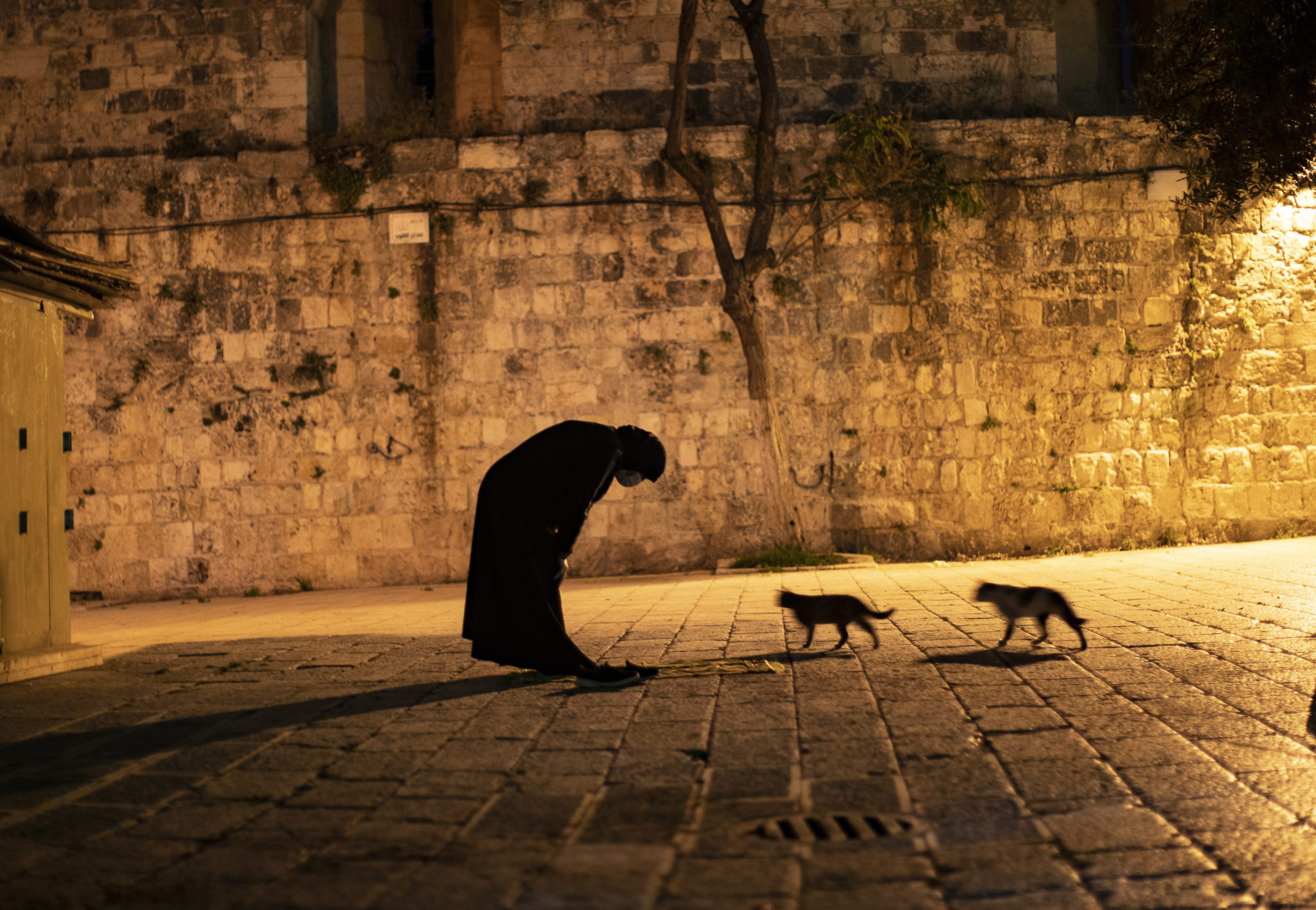 Wieczorna modlitwa podczas muzułmańskiego świętego miesiąca Ramadan przy bramie meczetu Al-Aksa na starym mieście w JerozolimieEPA/ATEF SAFADI 