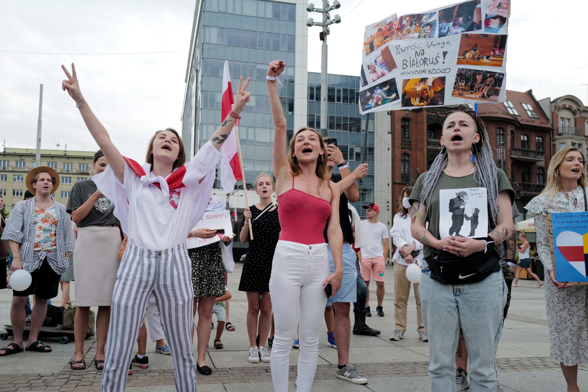 manifestacji poparcia dla Białorusinów w Katowichac. Fot. PAP/Andrzej Grygiel
