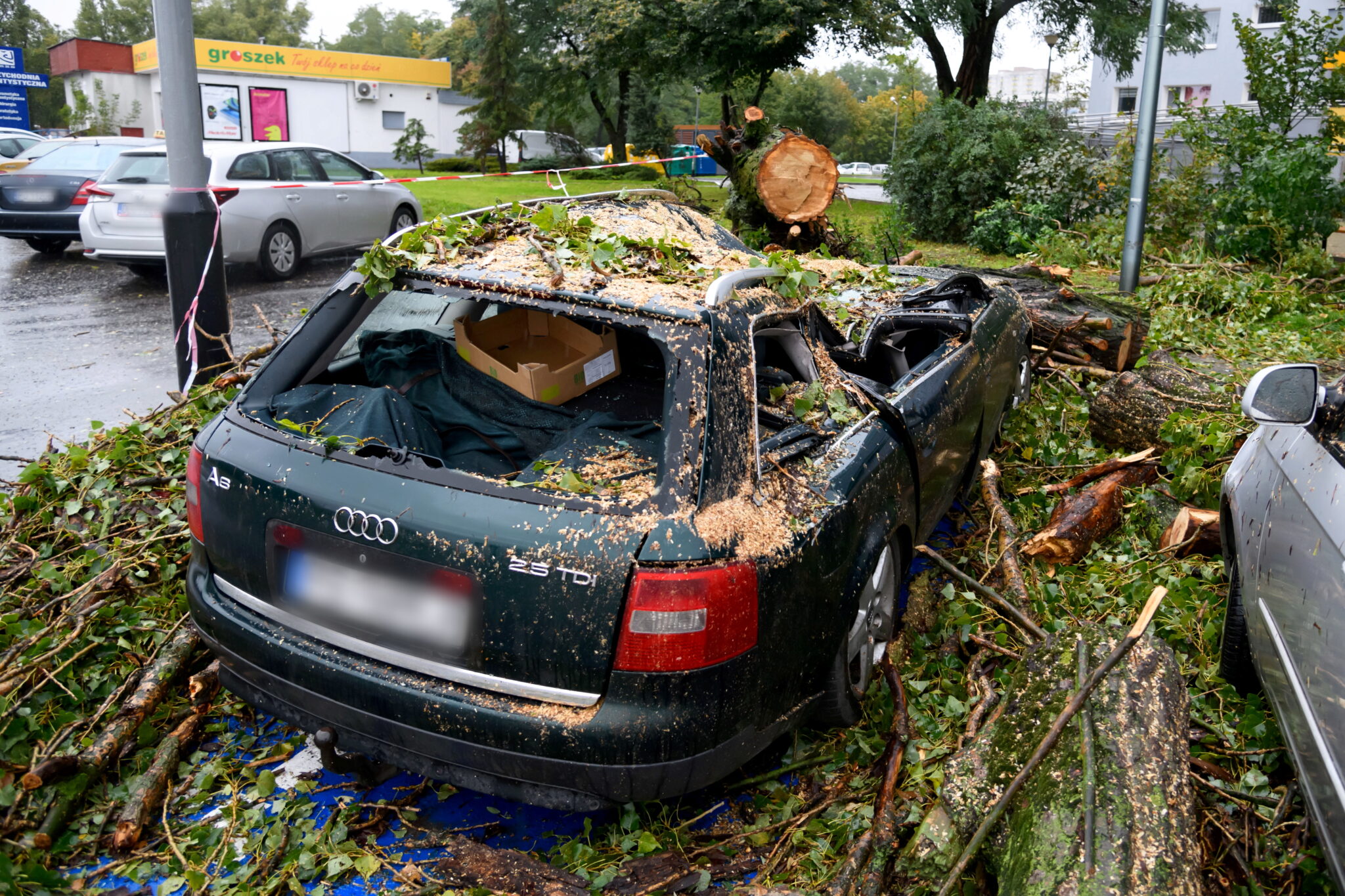 Poznań: uszkodzone przez powalone drzewo samochody. Nad miastem przeszła silna wichura i ulewa. Na czwartek synoptycy zapowiadają silny wiatr na zachodnim Pomorzu, fot. PAP/Jakub Kaczmarczyk