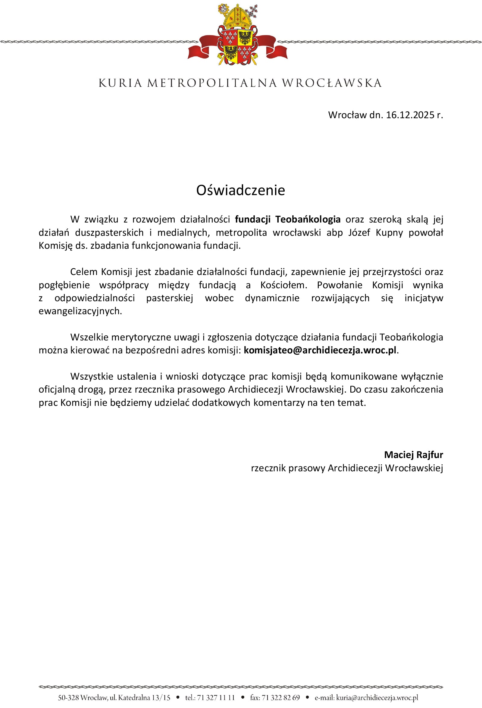 Oświadczenie rzecznika prasowego archidiecezji wrocławskiej dot. Fundacji Teobańkologia