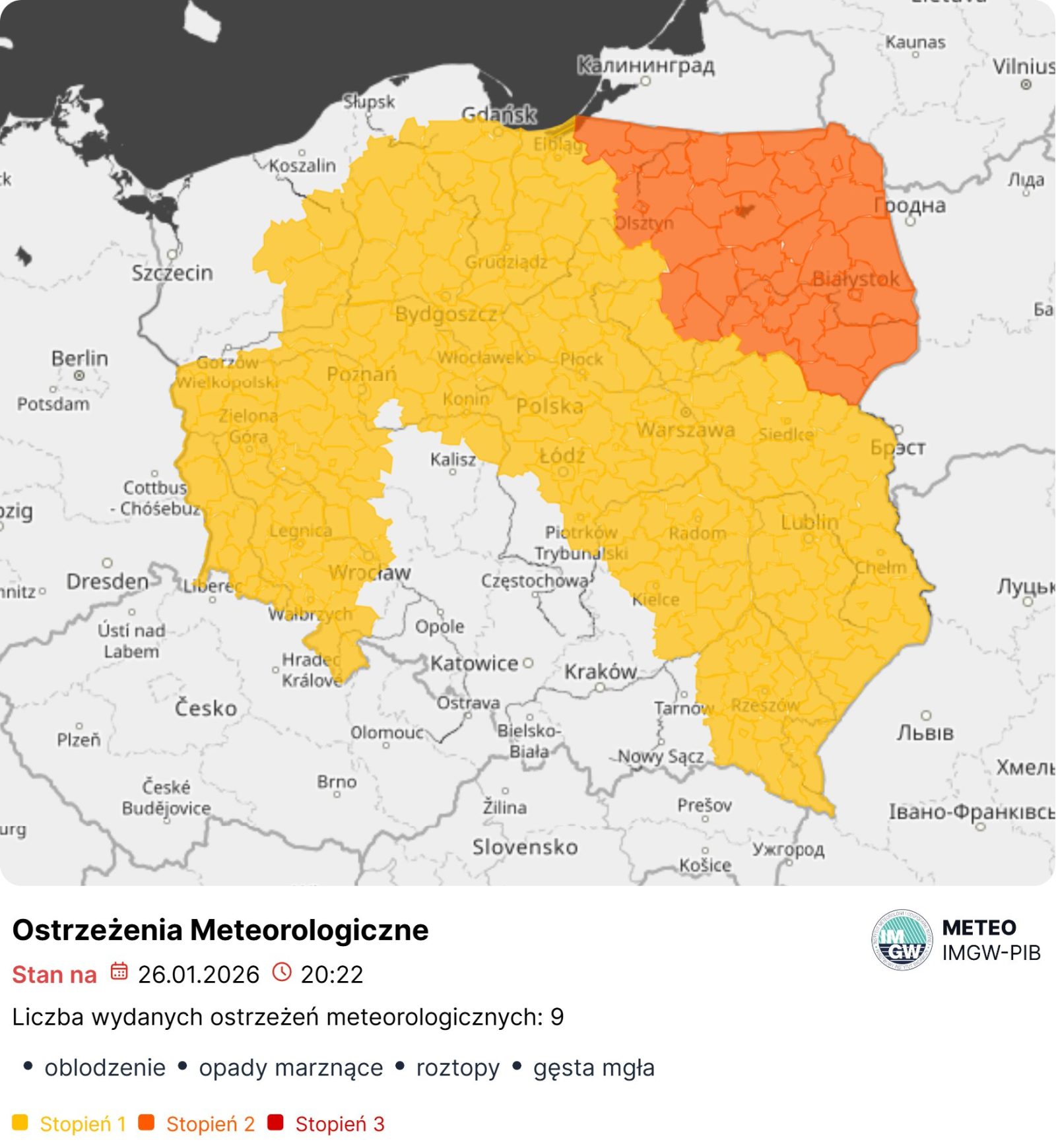 Ostrzeżenia: marznące opady, mgła, oblodzenie i roztopy, gołoledź w 9 województwach