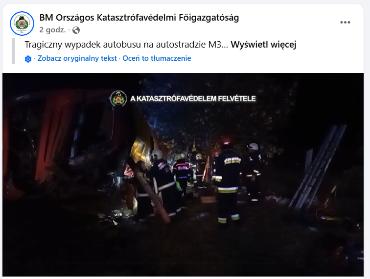 Węgry: władze opublikowały nagranie z akcji strażaków przy polskim autokarze